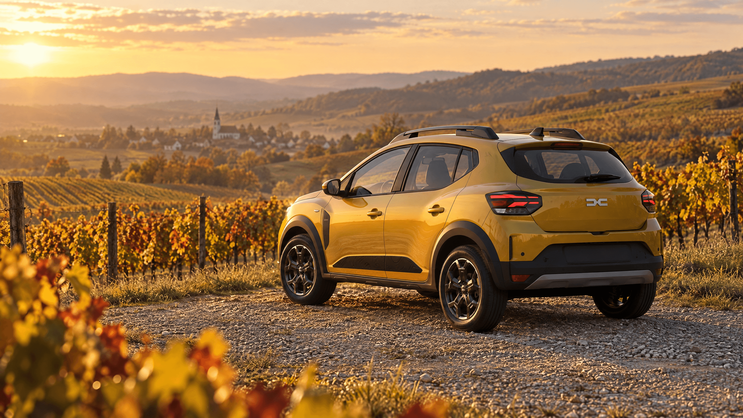 Dacia Sandero Stepway galben oprit lângă o podgorie, în lumina caldă de după-amiază
