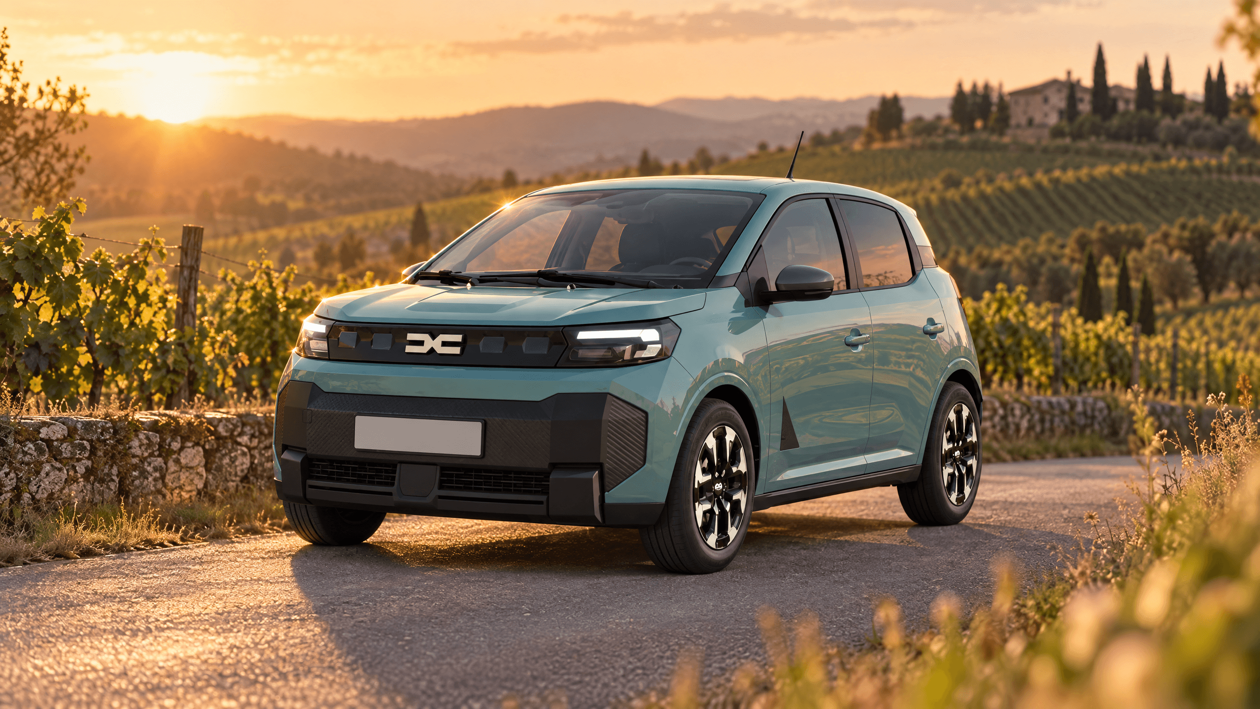 Dacia Spring electrică parcată pe un drum de țară printre dealuri cu vii, la apusul soarelui